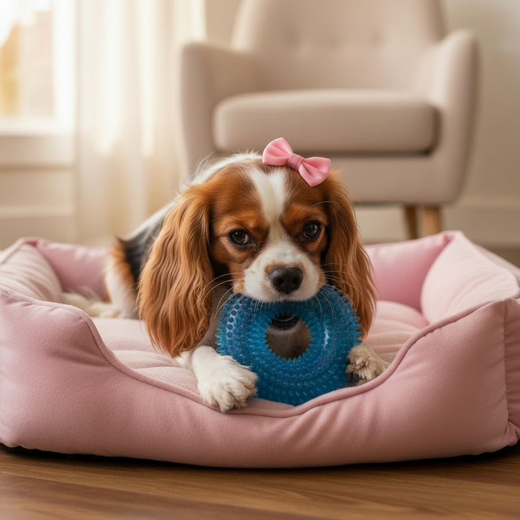 Blue spiky squeaky dog ball toy inside a dog bed with a dog lying nearby