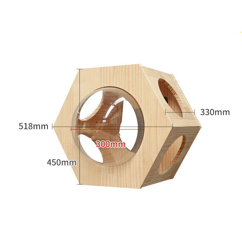 Wooden cat house with circular entrance opening and side cutouts
