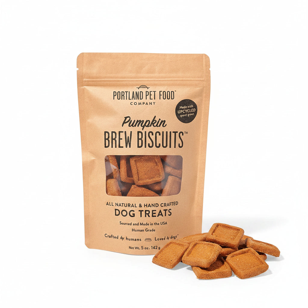 Dog treat bag with pumpkin brew biscuits, kraft paper pouch and small square biscuits