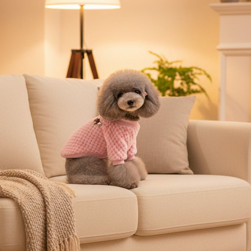Pink pet sweater with waffle knit texture and cat face applique, ribbed neck