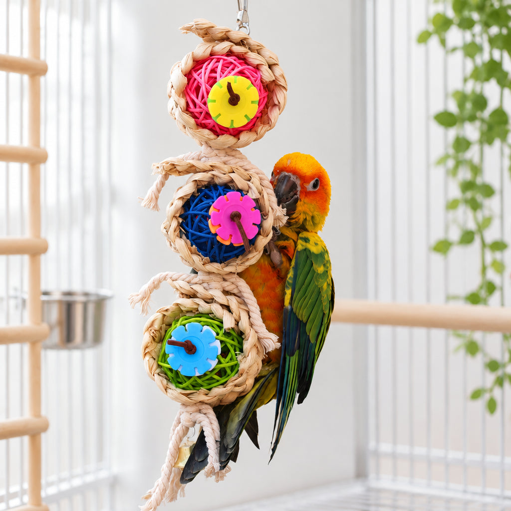 Bird bite toy with braided vine balls and colorful gear wheels, hanging on string