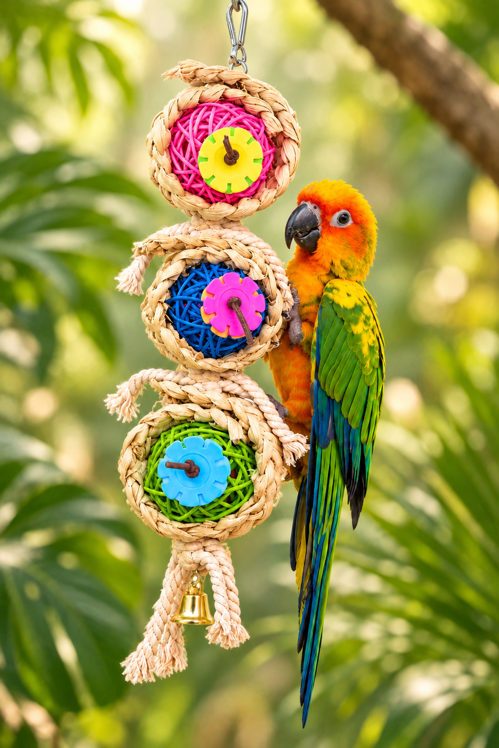 Vine bird chew toy with three round colored rings, hanging rope loop and clip
