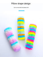 Set of rainbow-striped long plush cat pillow toys in three shapes/colors