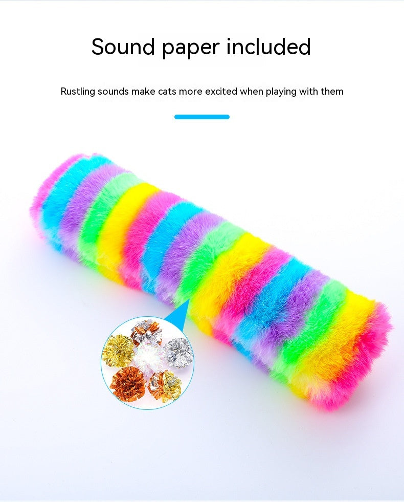 Rainbow long plush cat pillow toy with multicolor striped rainbow body