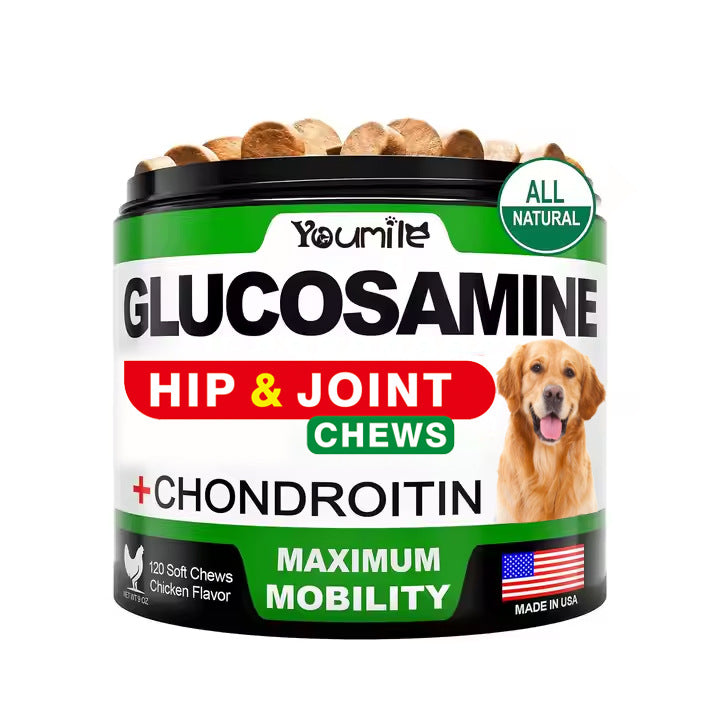 Pet glucosamine hip & joint chews jar with green label and golden retriever