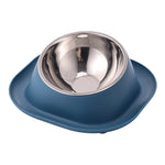 Dark blue tilted cat food bowl with stainless steel inner dish