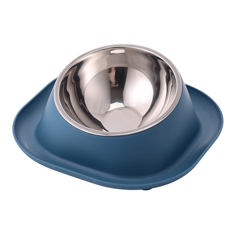 Dark blue tilted cat food bowl with stainless steel inner dish