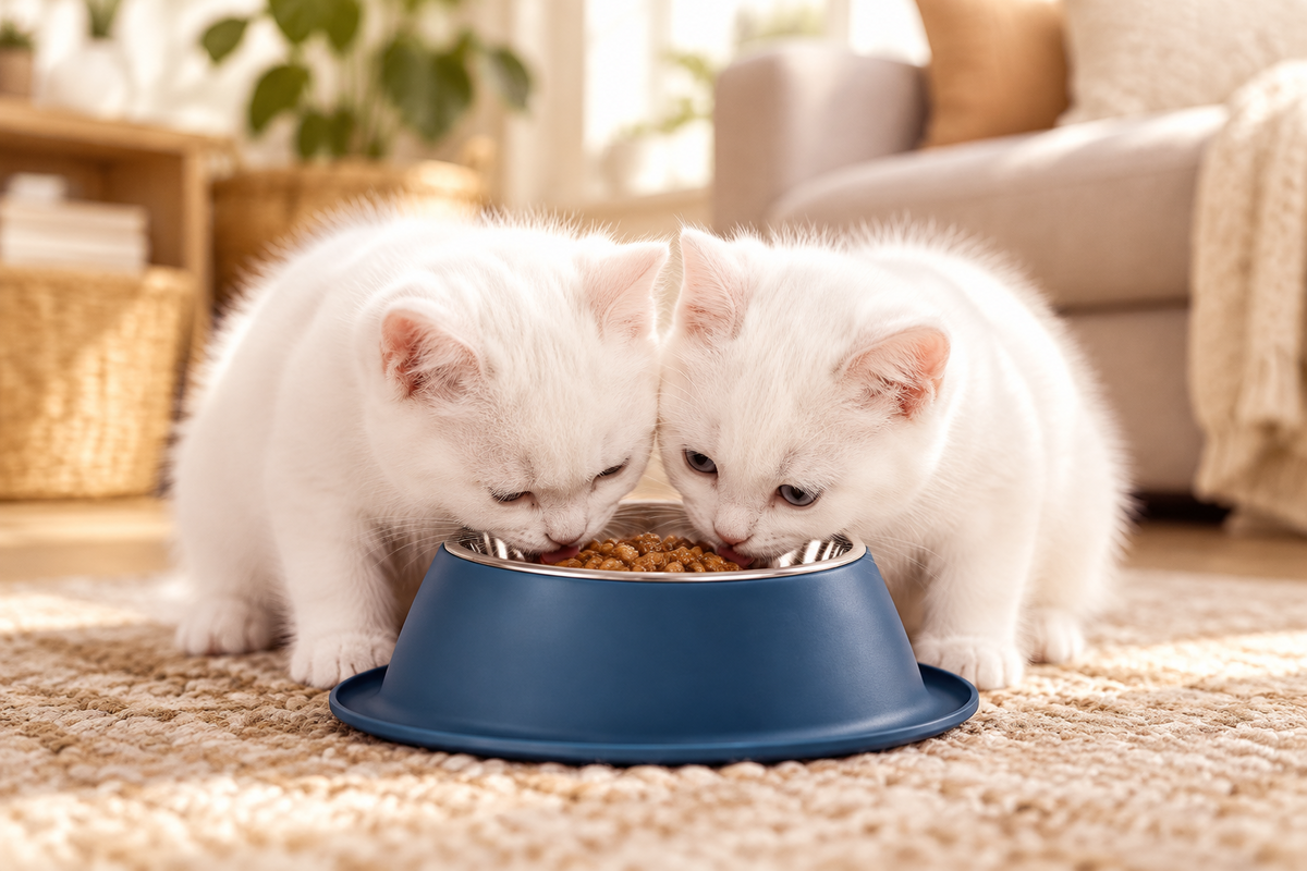 Dark blue tilted cat food bowl with stainless steel inner, two cats feeding