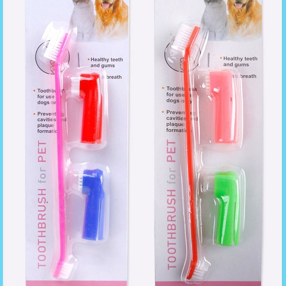 Pet finger toothbrushes set with red and blue soft bristles in blister pack