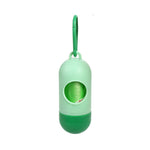 Green pet waste bag dispenser holder with strap and circular bag opening