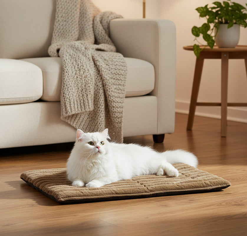 White faux rabbit fur pet mat with brown ribbed base, styled with a white cat.