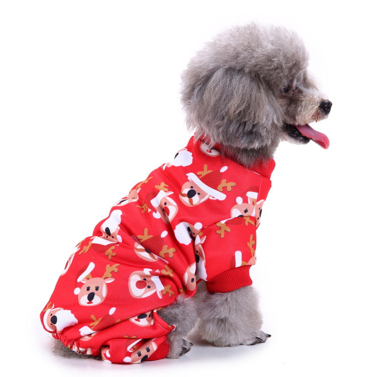 Red reindeer-print dog jumpsuit with hood and ribbed sleeve cuffs