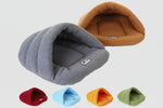 Gray pet cave sleeping bag with curved hood and logo patch