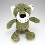 Olive green plush animal doll with white muzzle, floppy ears, embroidered face
