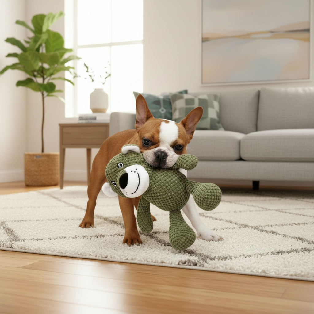 Green plush pet toy with round white face and stitched eyes, stuffed animal