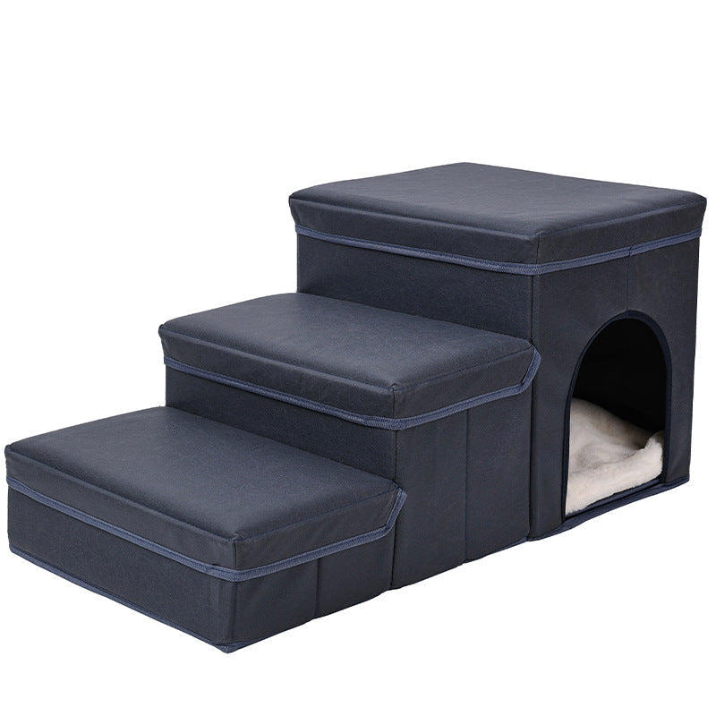 Navy padded dog stairs with three steps and a side cave bed