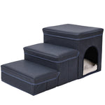 Navy padded dog stairs with three steps and a side cave bed