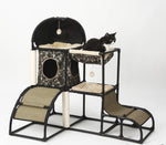 Cat climbing tree condo with beige and gray platforms, black frame, and covered top dome.