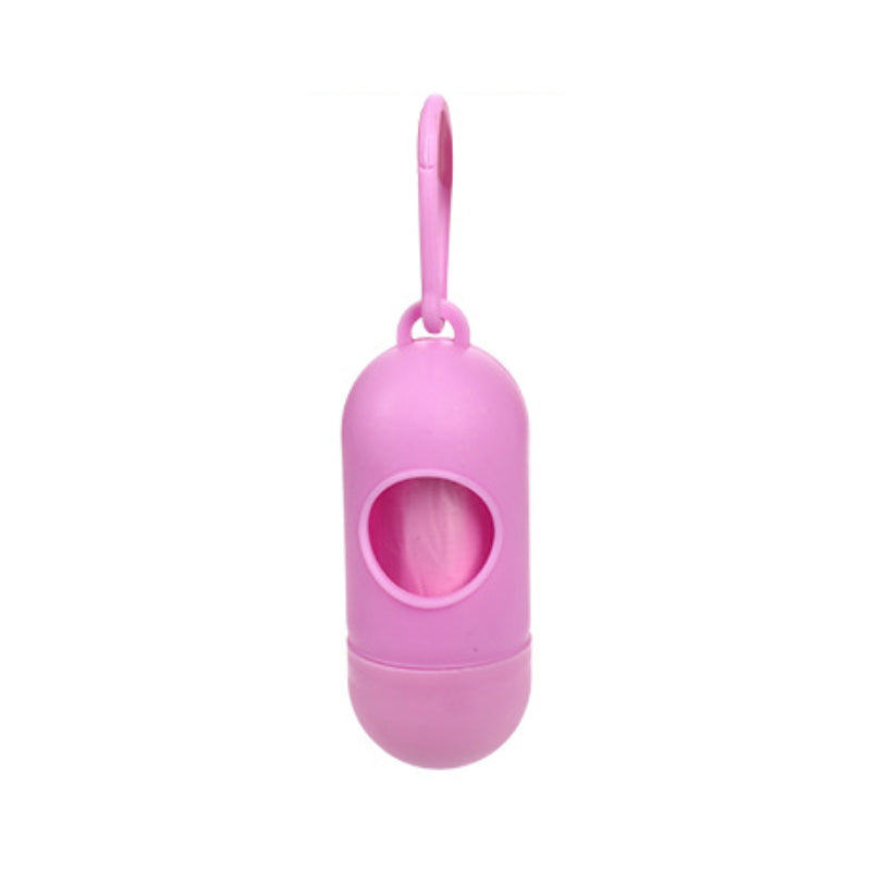 Dog poop bag dispenser, pink clip-on holder with open bag slot