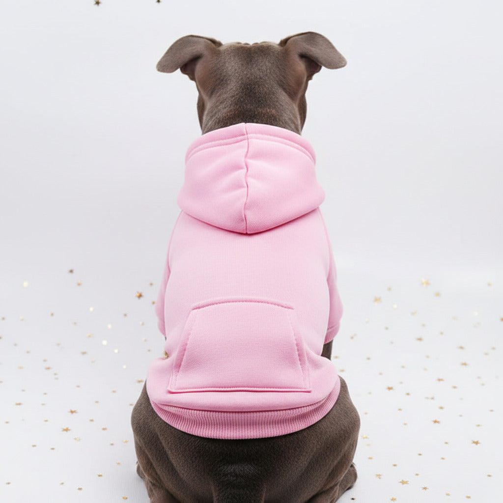 Dog sweater with front pocket patch, pale pink knit and hood
