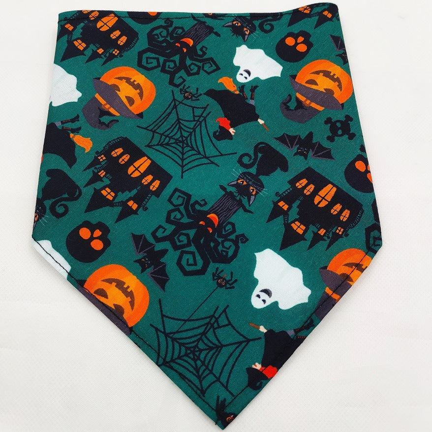 Pet triangle bandana scarf, teal with haunted house, cats, ghosts, and spiderwebs