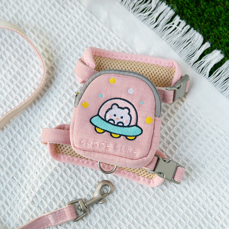 Pink cat traction rope harness with UFO cartoon patch and metal leash clip