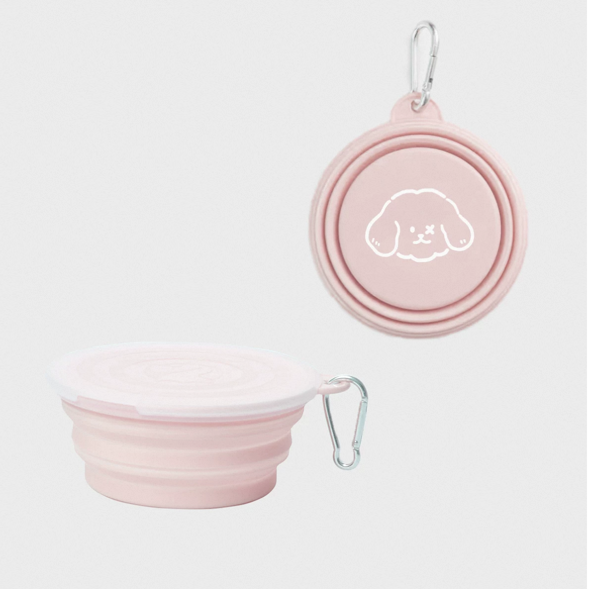 Pink foldable pet travel bowl set with stacked bowls and metal carabiner clip