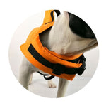 Orange dog pet swimsuit side view with black belly straps and neck opening