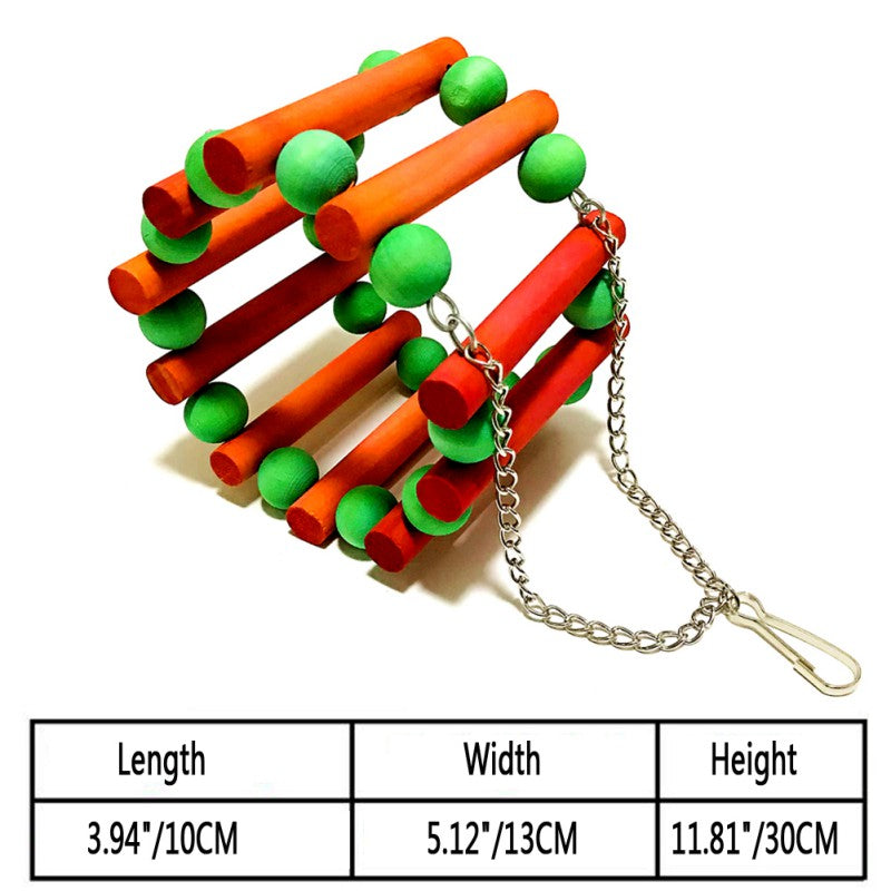 Parrot nibble toy: stacked wooden sticks in orange and green with chain