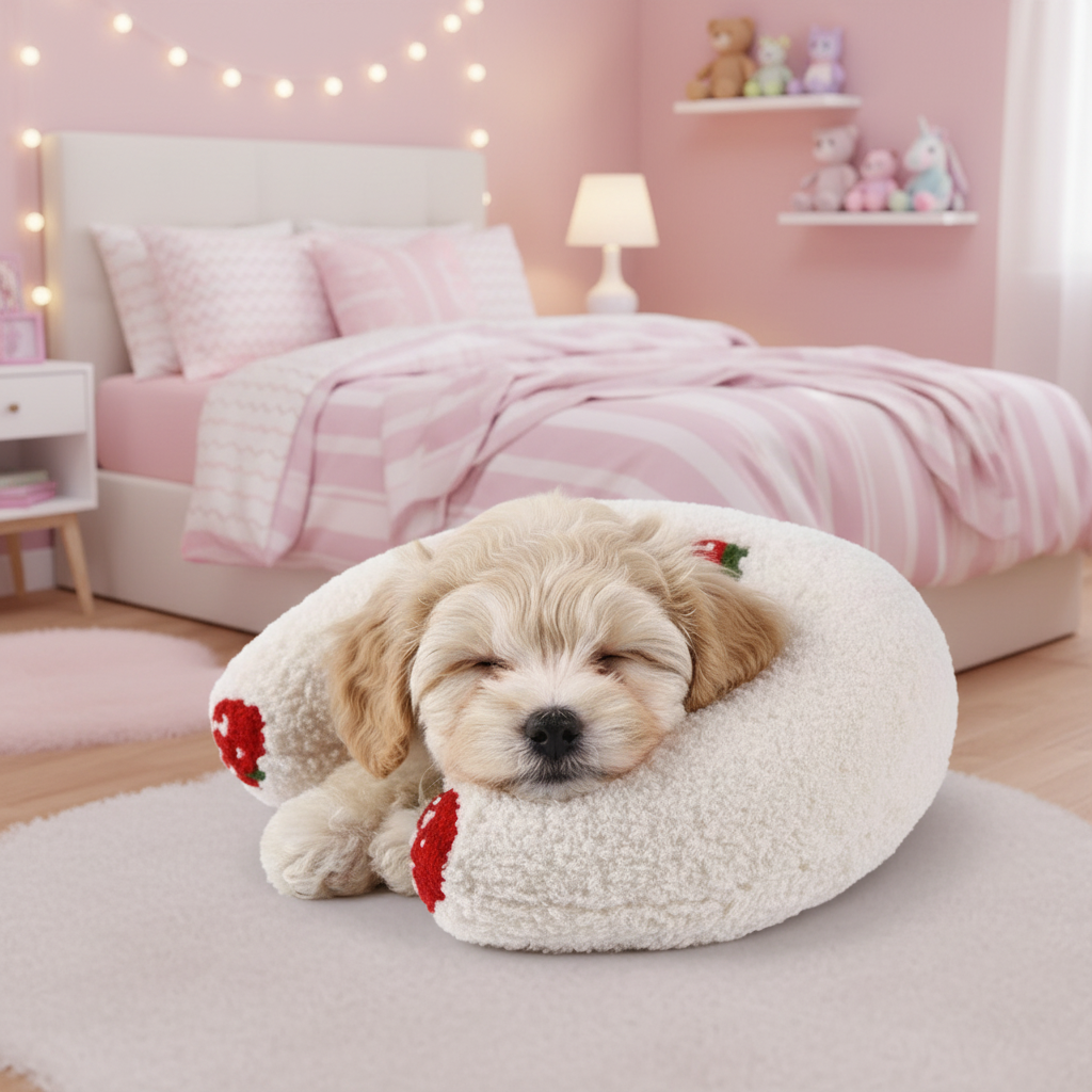 Cat anti-scratch cervical pillow toy, beige plush donut with red accents