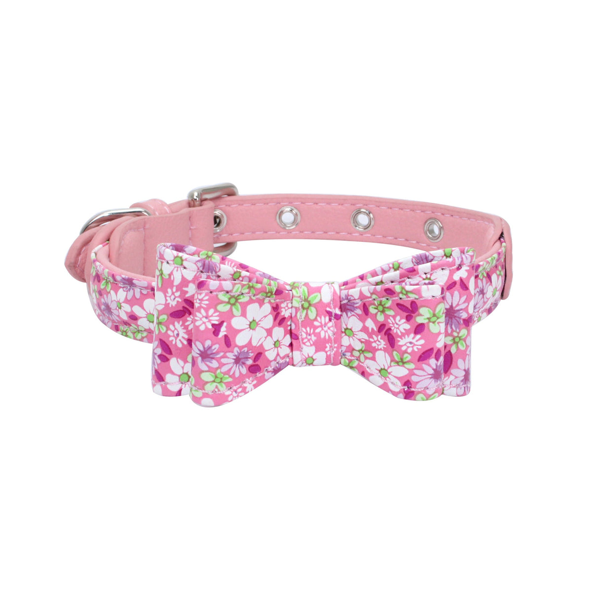 Pet collar with pink strap and floral bow, colorful flower print, silver grommet studs