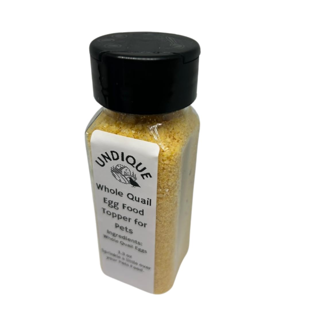 Quail egg food topper bottle with black cap and side label
