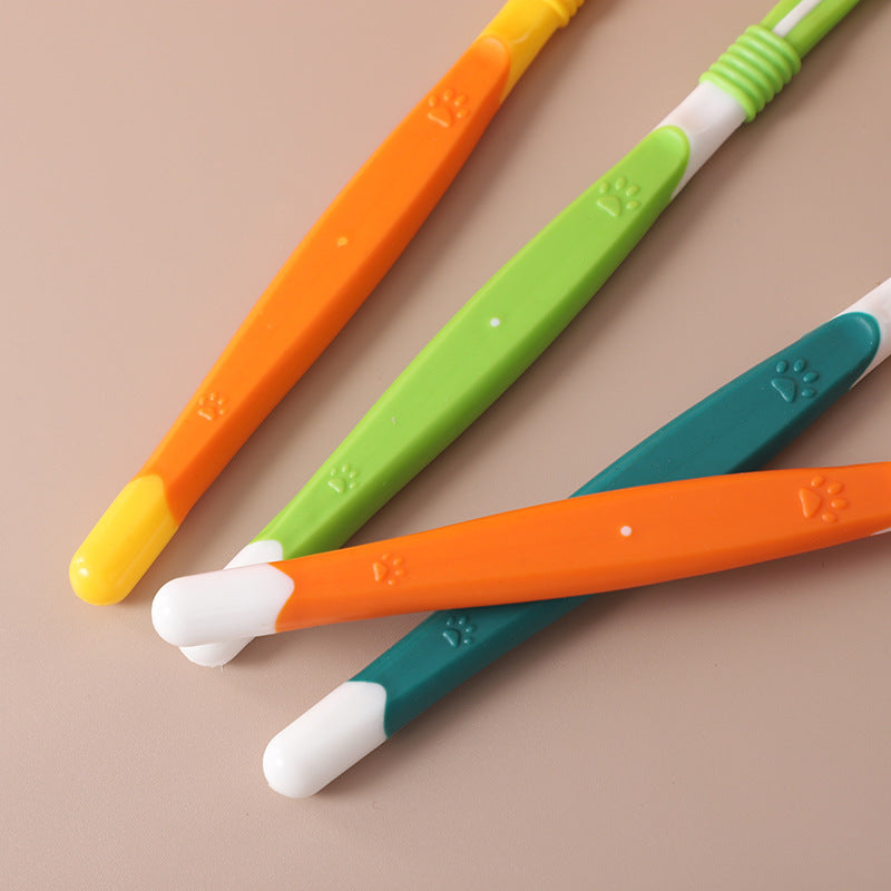 Three-sided pet toothbrushes with orange, green, yellow, and teal handles