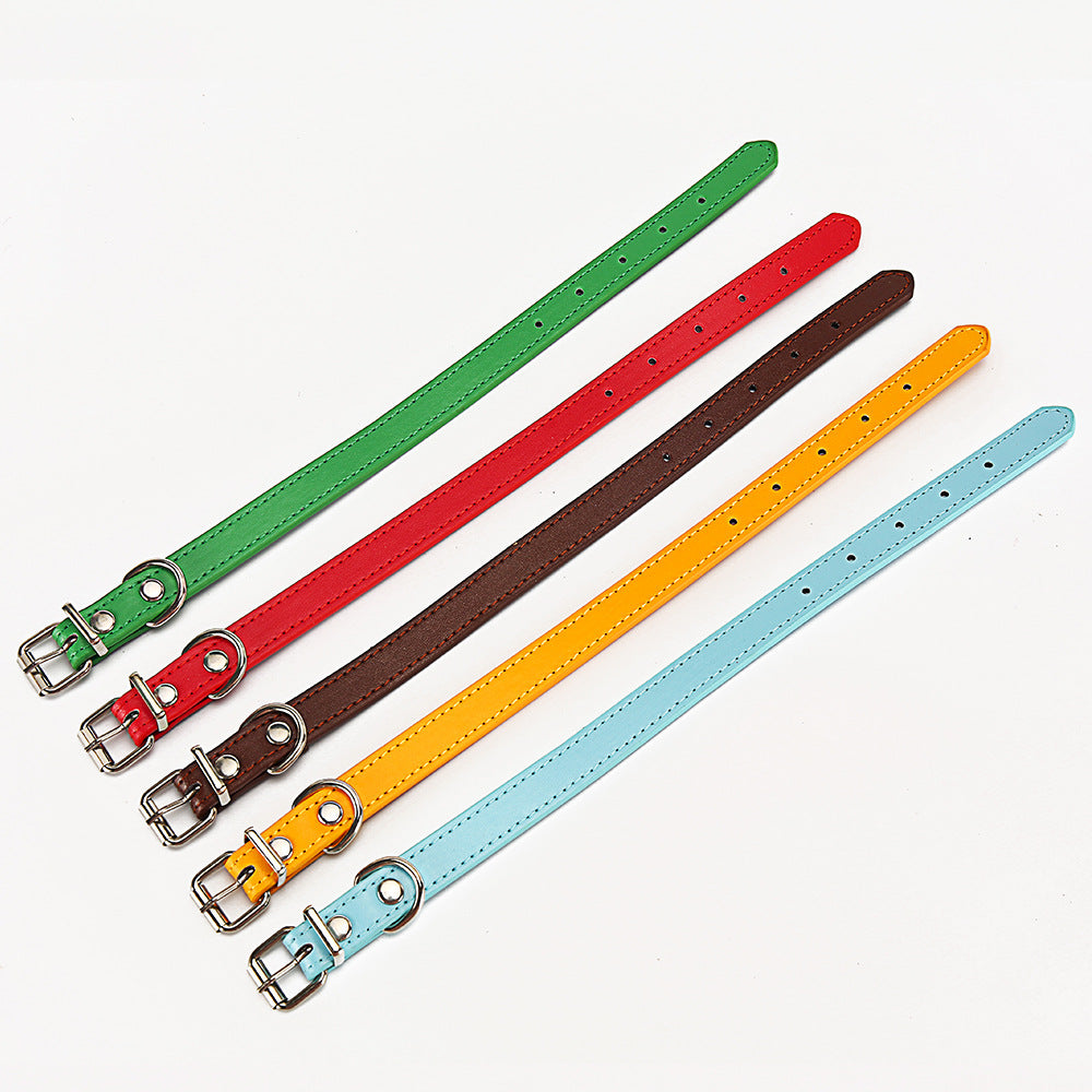 Assorted PU leather dog collars with metal buckles: green, red, brown, gold, and sky blue