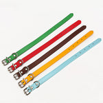 Assorted PU leather dog collars with metal buckles: green, red, brown, gold, and sky blue