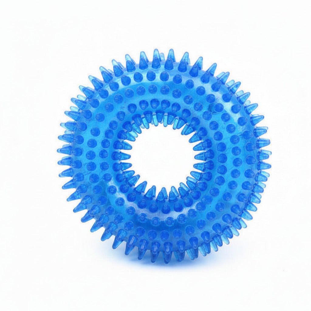 Peacock blue squeaky dog ball toy with raised nubs and spiky edge ring