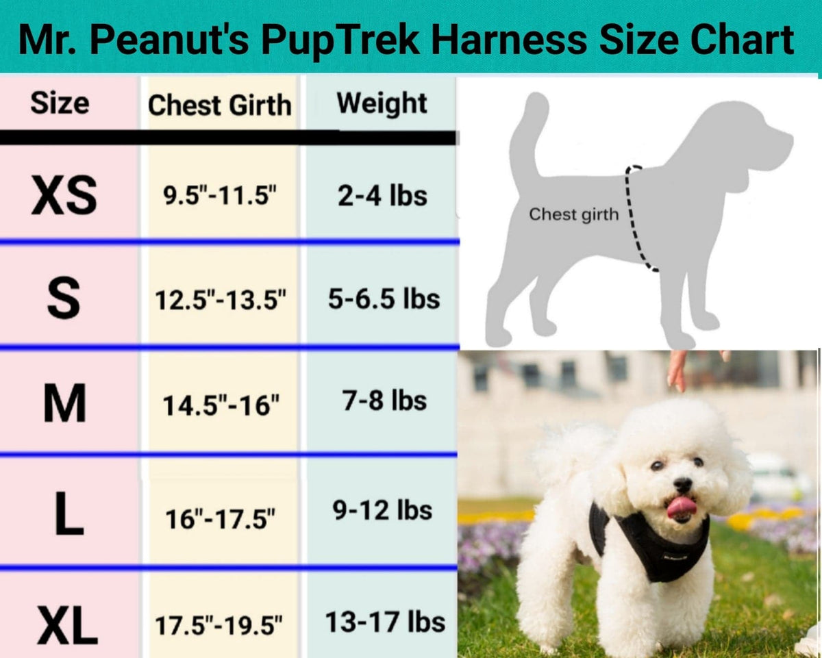 Dog harness size chart showing XS–XL chest girth and weight ranges