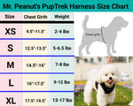 Dog harness size chart showing XS–XL chest girth and weight ranges