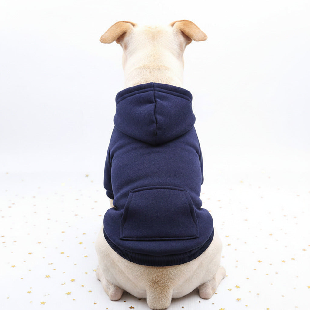 Dog sweater with pocket patch, navy blue knit and hood