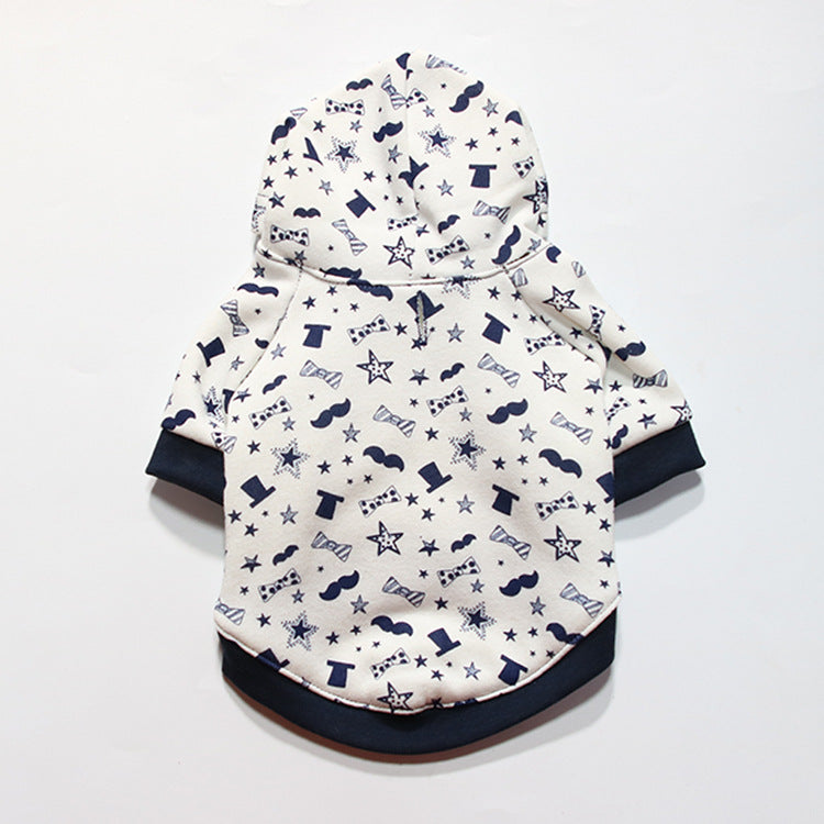 Dog hooded casual shirt, white with navy star and icon pattern, front view