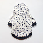 Dog hooded casual shirt, white with navy star and icon pattern, front view