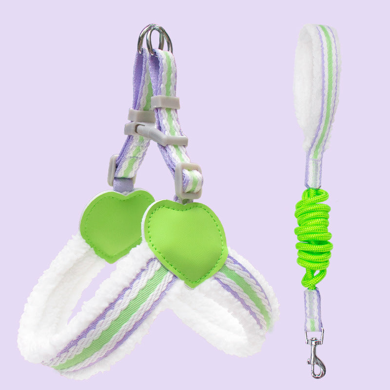 Green heart chest dog harness vest with breathable straps and coiled walking leash