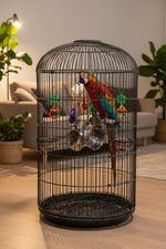 Parrot bite toy close-up with white tube, colorful links, and three hanging stainless cups