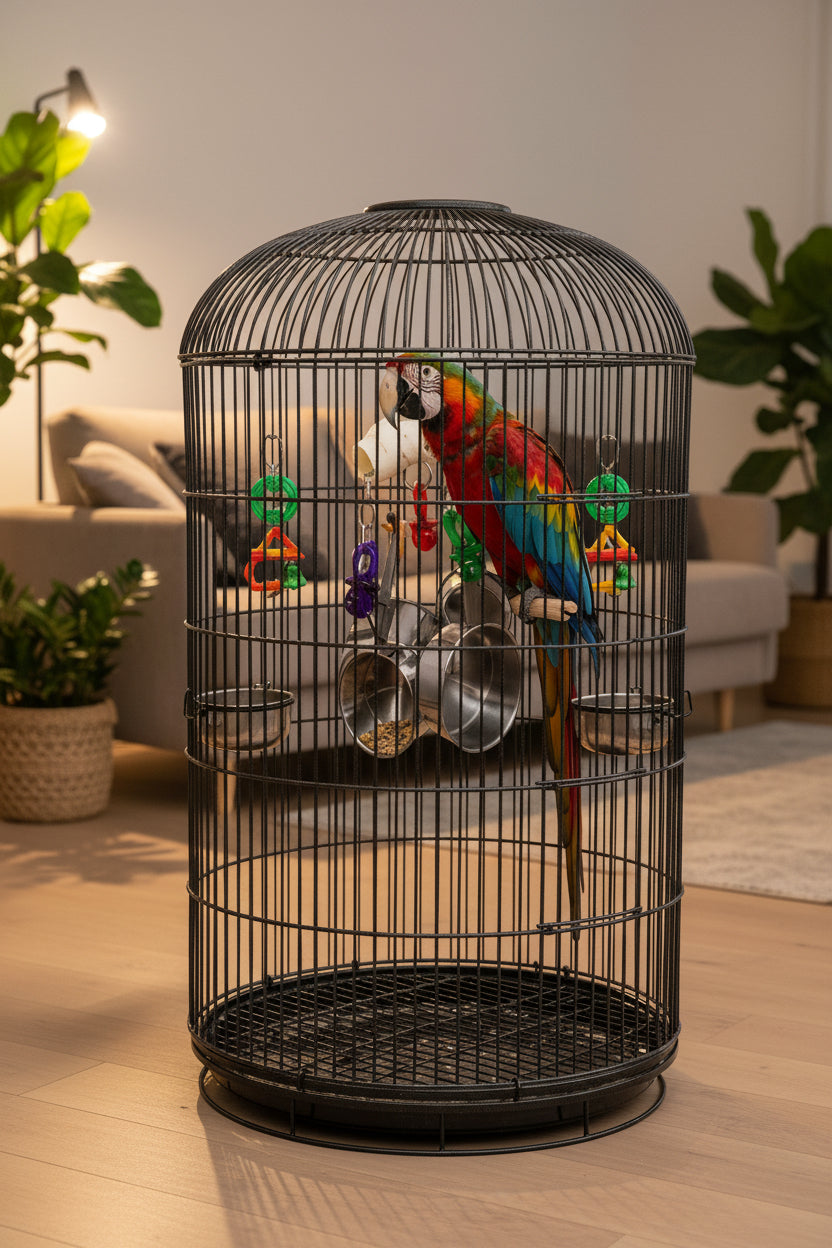 Parrot bite toy close-up with white tube, colorful links, and three hanging stainless cups