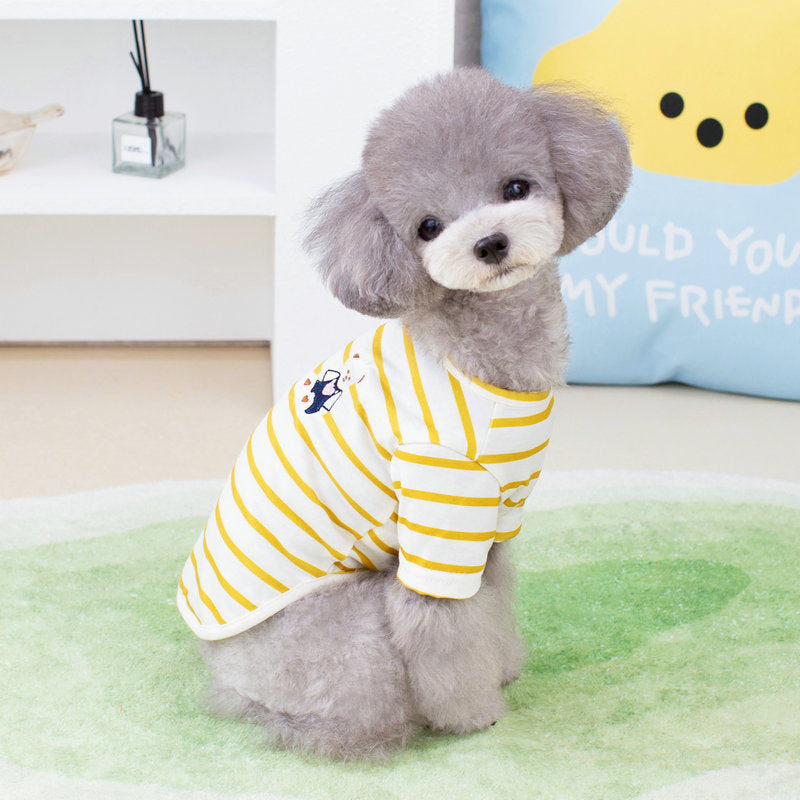 Small dog t-shirt, yellow and white stripes with bear graphic, front view on gray dog