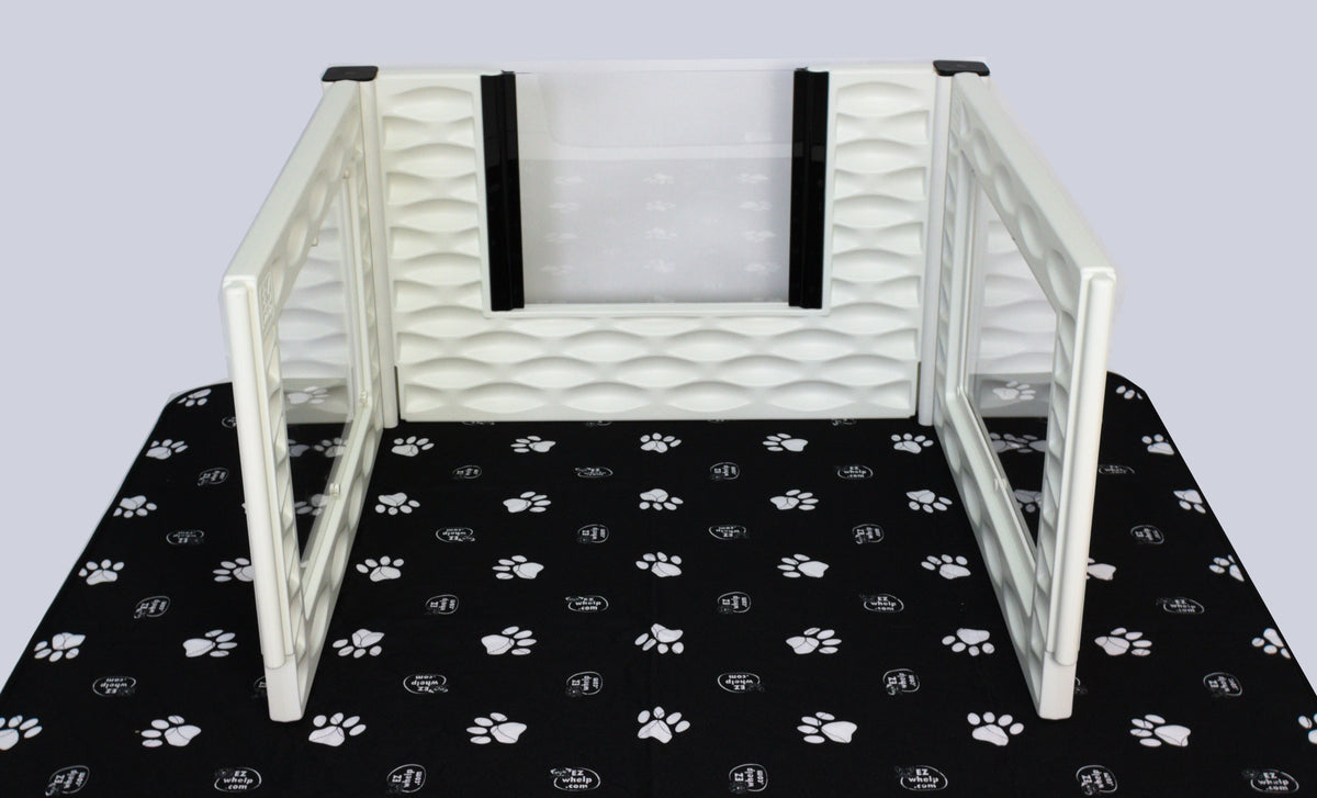 Front view of windowed add-on room insert with black paw-print mat