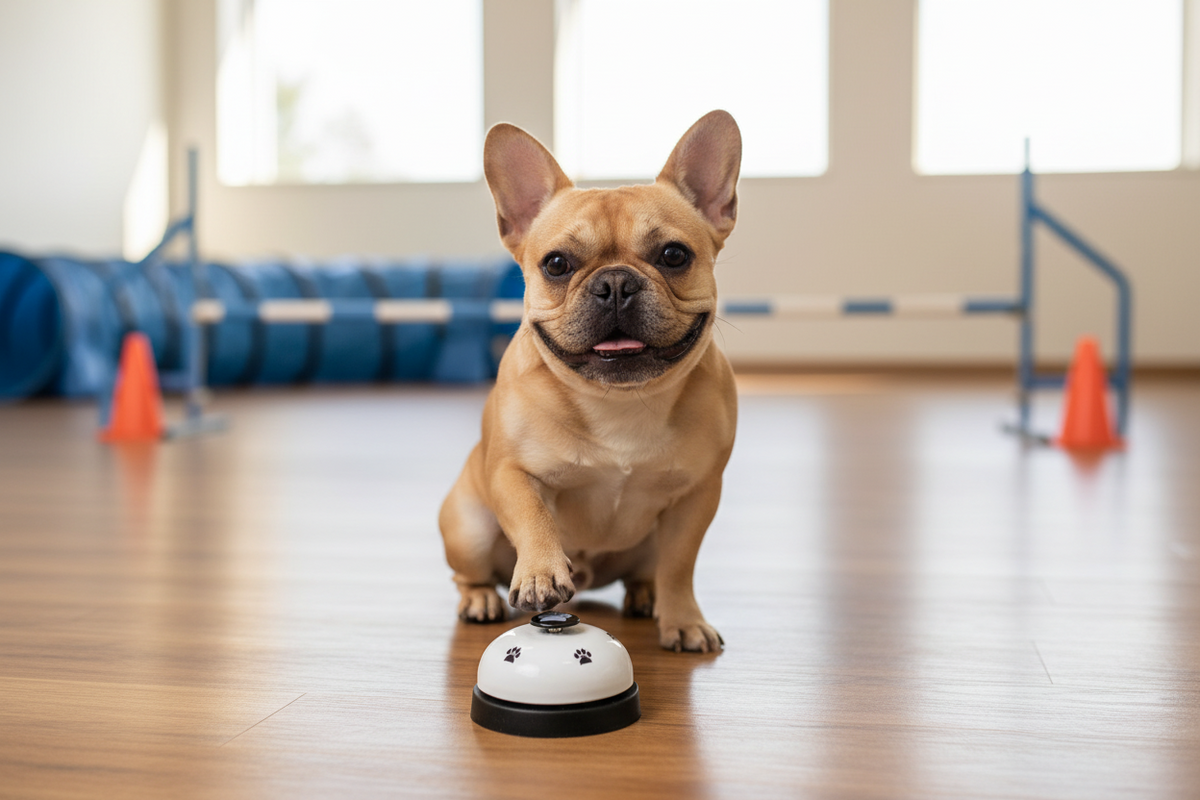 Pet training paw press bell with white top and black paw button on the floor