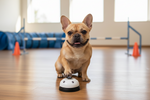 Pet training paw press bell with white top and black paw button on the floor