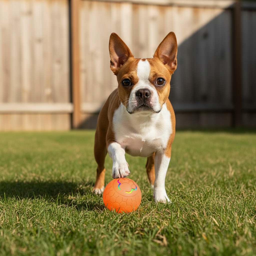 Orange smart bouncing ball with glowing paw icon held in a dog’s mouth area