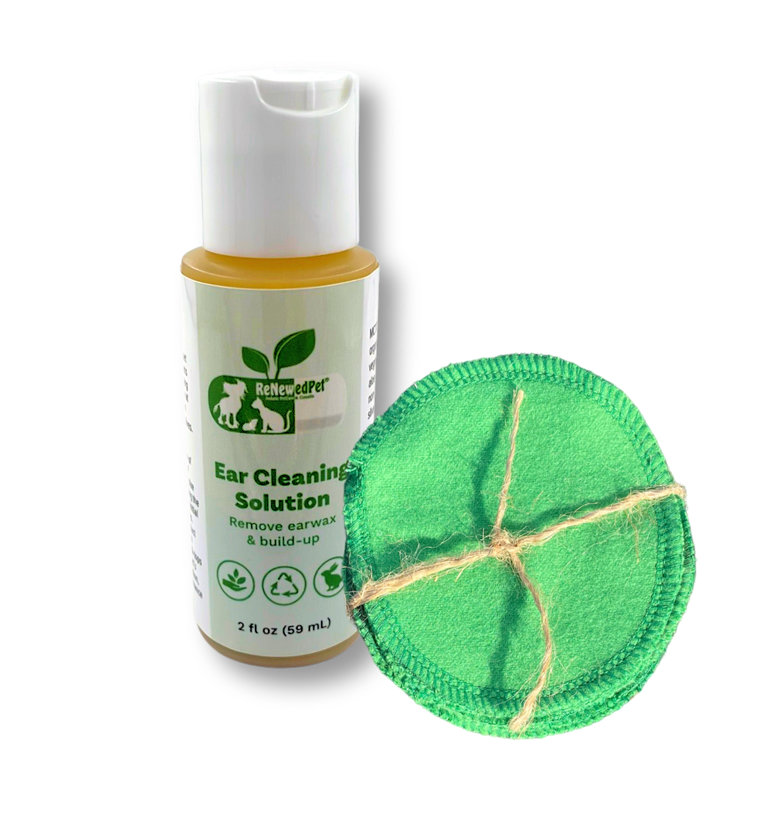Pet ear cleaning solution bottle, 2 fl oz (59 mL), with green cleaning pad